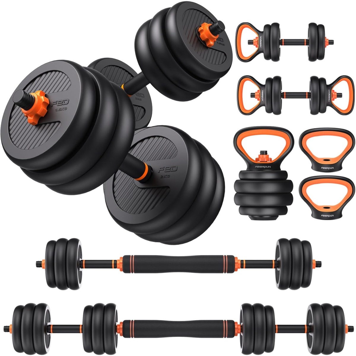 FEIERDUN Adjustable Dumbbells, 20/30/40/45/70/90Lbs Free Weight Set with Connector, 5 in1 Dumbbells Set Used as Barbell, Kettlebells, Push up Stand, Fitness Exercises for Home Gym Suitable Men/Women